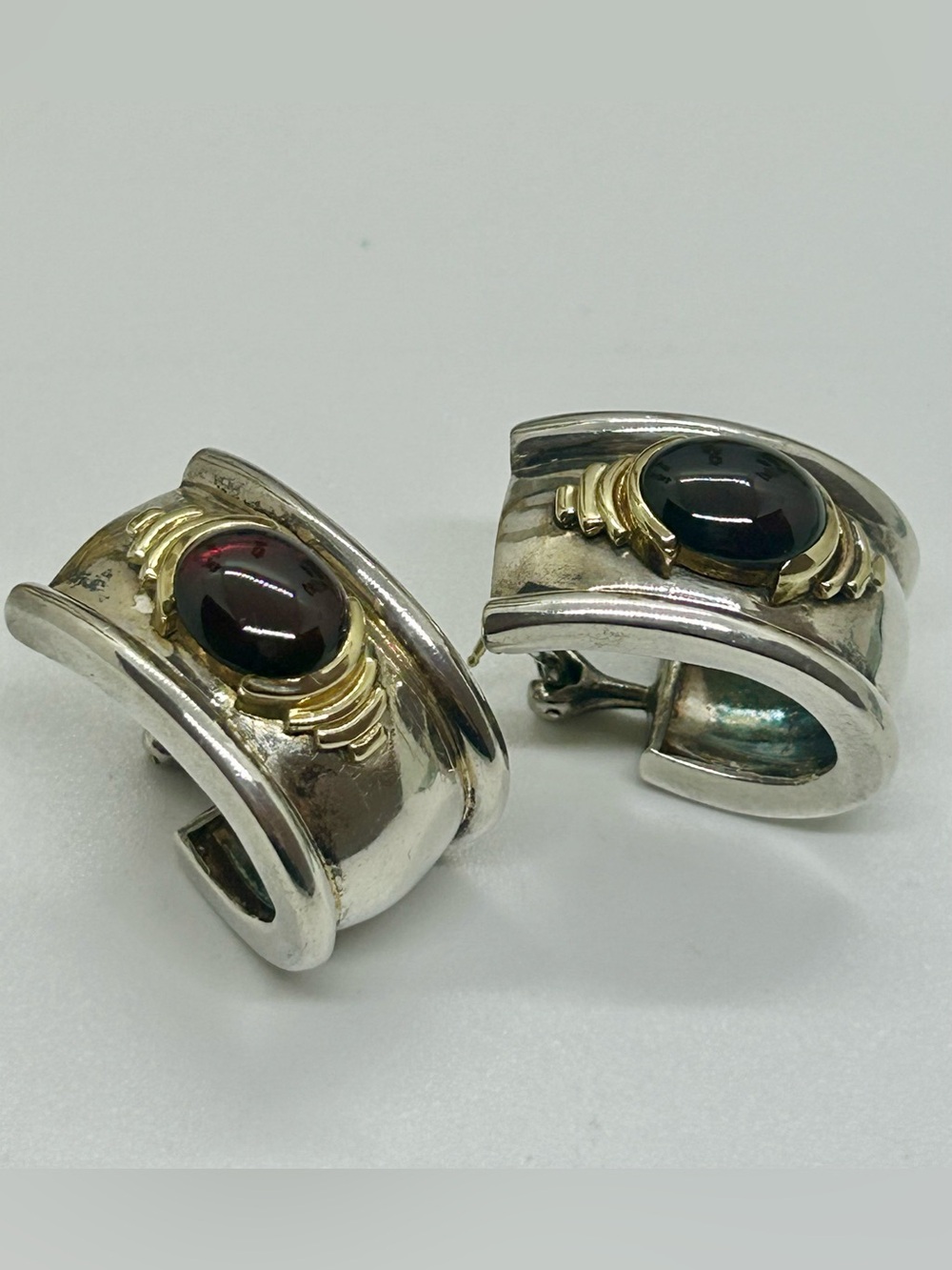 Vintage LING Sterling Silver Gold Accent Red Garnet Cabochon Omega Hoop Earrings